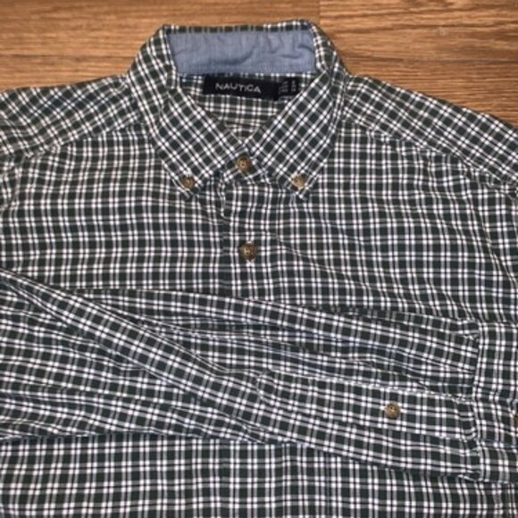 Nautica Button Down Shirt Small Green White Plaid Long Sleeve Mens Casual - Picture 1 of 6